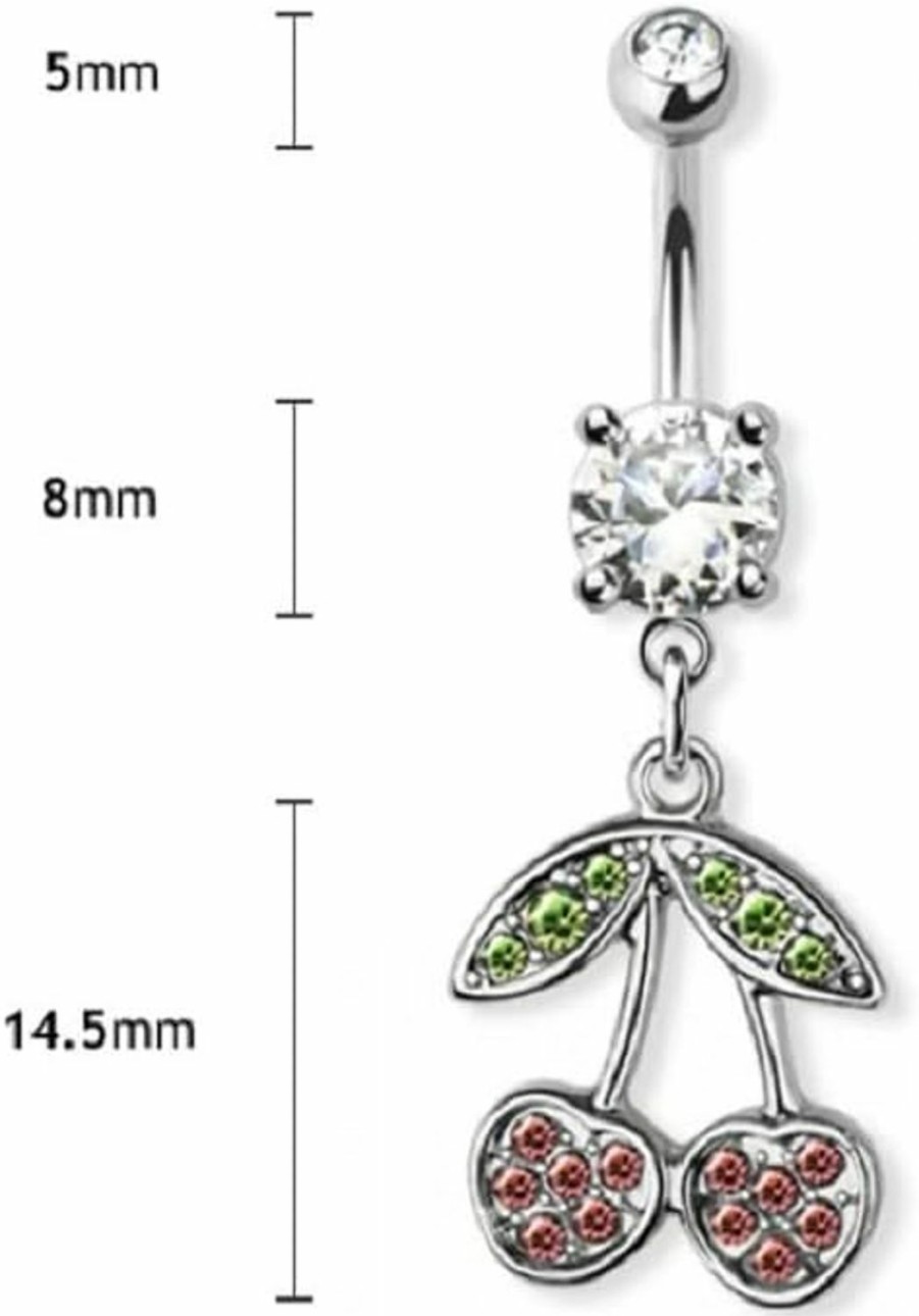 Pierced Owl 14Ga 316L Stainless Steel Cz Crystal Pink Cherries Dangling Belly Button Ring | Body Piercing Rings