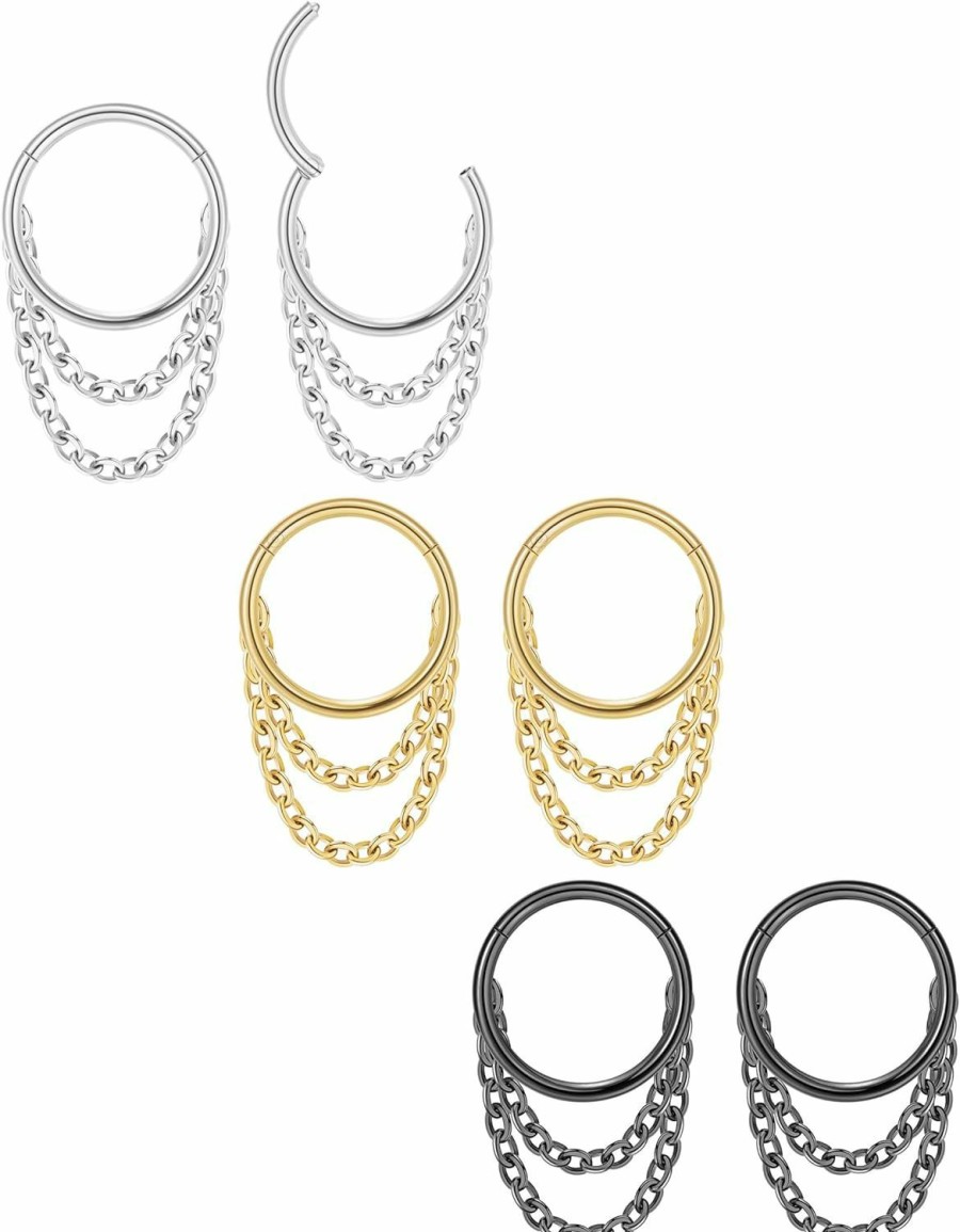 YOVORO Yovoro 6Pcs 16-18G 316L Stainless Steel Cartilage Earrings Hoop Clicker Septum Ring Hinged Segment Cartilage Helix Piercing With Doule Chains 8Mm 10Mm | Body Piercing Rings