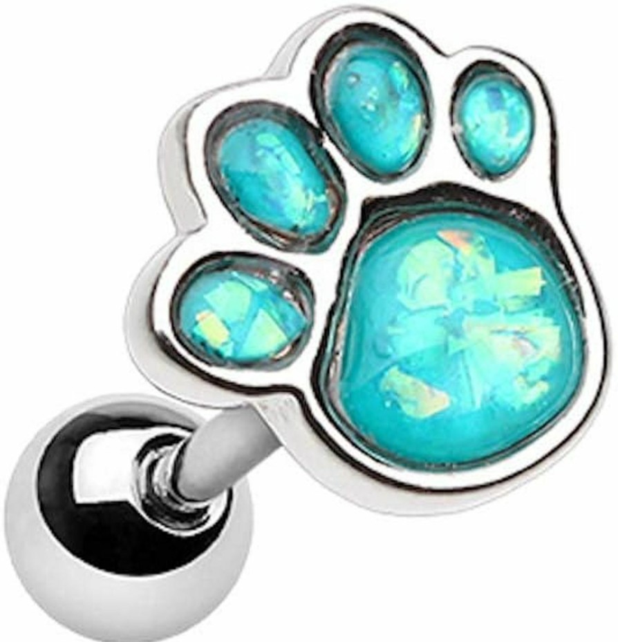 Generic Amelia Fashion 18 Gauge Teal Opal Paw Print Tragus/Cartilage Barbell Stud 316L Surgical Steel | Body Piercing Rings