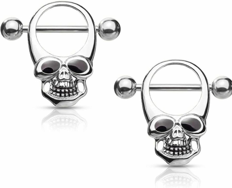 Pierced Owl Pierced Owl - 14G Stainless Steel Skull Head Nipple Shields, Sold As A Pair | Body Piercing Rings