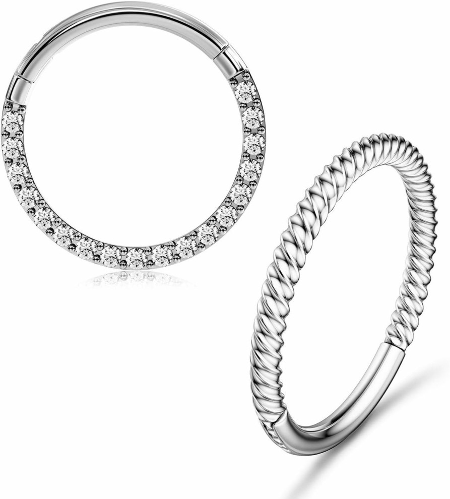 BodyBonita Bodybonita 2Pcs Clear Cz Silver Twisted Nose Rings Hoop 316L Surgical Steel Cartilage Earrings Conch Daith Helix Rook Tragus Lobe Snug Body Piercing Jewelry 18G 16G Hinged Segment Rings Lip Rings | Body Piercing Rings