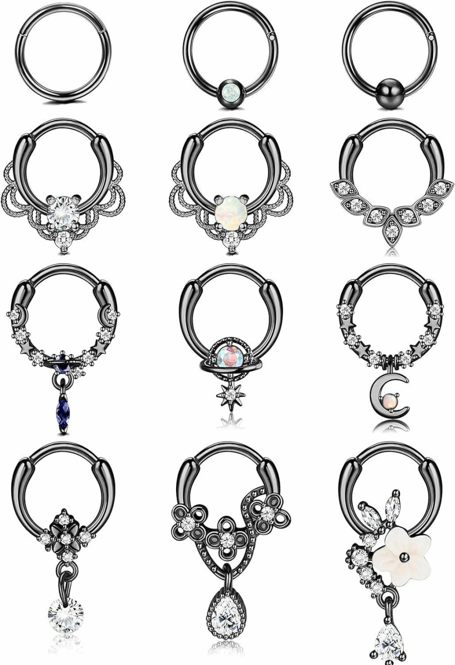 ZELORES Zelores 12Pcs 16G Dangle Septum Rings For Women Stainless Steel Star Moon Cz Dangle Septum Nose Rings 8Mm Hoops Nose Ring Septum Piercing Jewelry | Body Piercing Rings