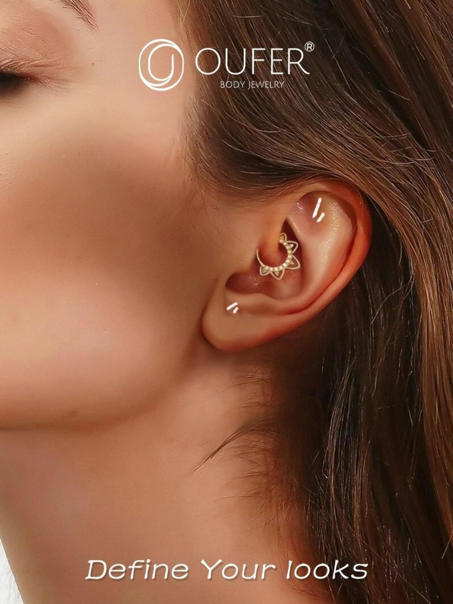 OUFER Oufer 16G Daith Piercing Jewelry, 14K Solid Gold Daith Earrings, Clear Cz Design Daith Hoop Earring, Helix Cartilage Septum Piercing Jewelry | Body Piercing Rings