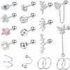 FASACCO Fasacco 19Pcs Cartilage Earring Stud For Women Stainless Steel 20G Cartilage Hoop Earrings Butterfly Chain Dangle Flower Cz Tragus Conch Helix Piercing Cartilage Earrings | Body Piercing Rings