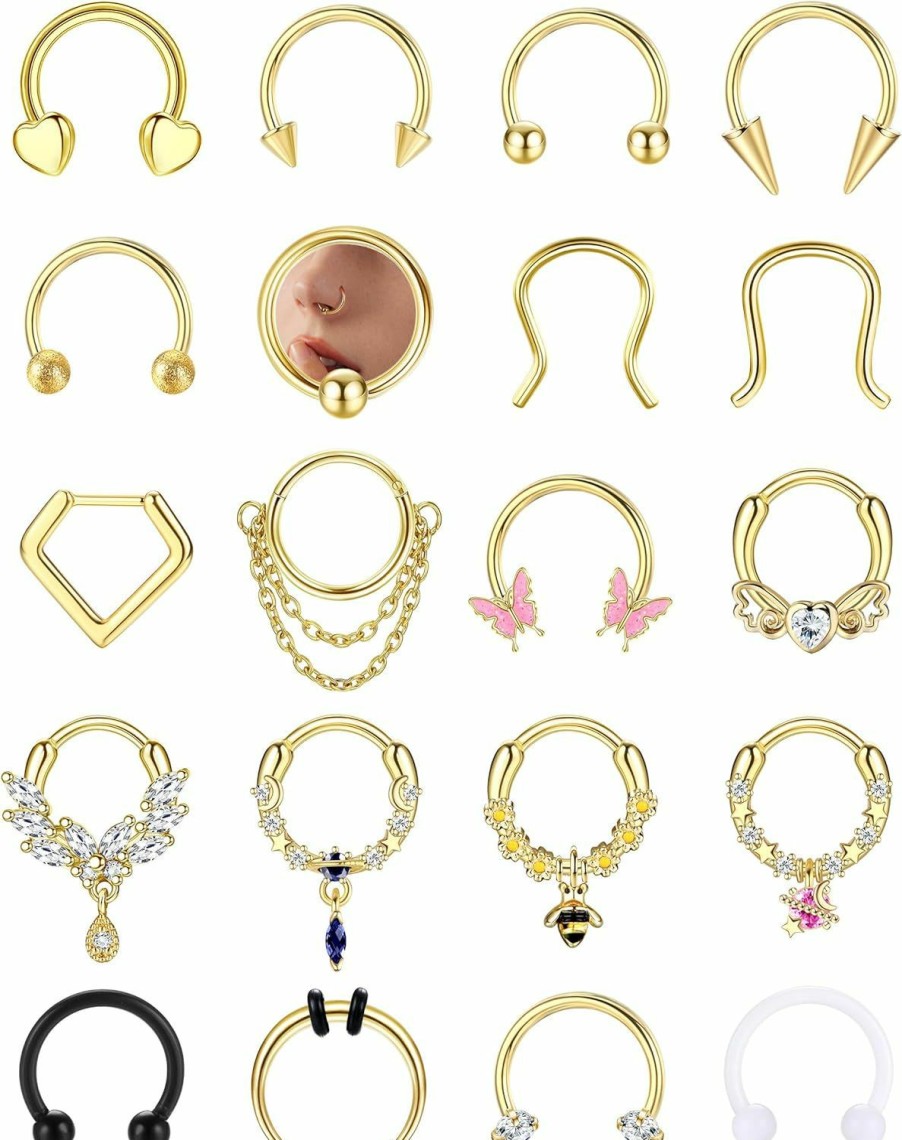 Besteel Besteel 20Pcs Gold Septum Rings 16G Small Septum Jewelry Surgical Steel Septum Clicker Dangle Nose Rings Hoops For Women Men Cute Star Bee Cz Heart Butterfly Chain Septum Rings Horseshoe Septum Piercing Jewelry 10Mm | Body Piercing Rings