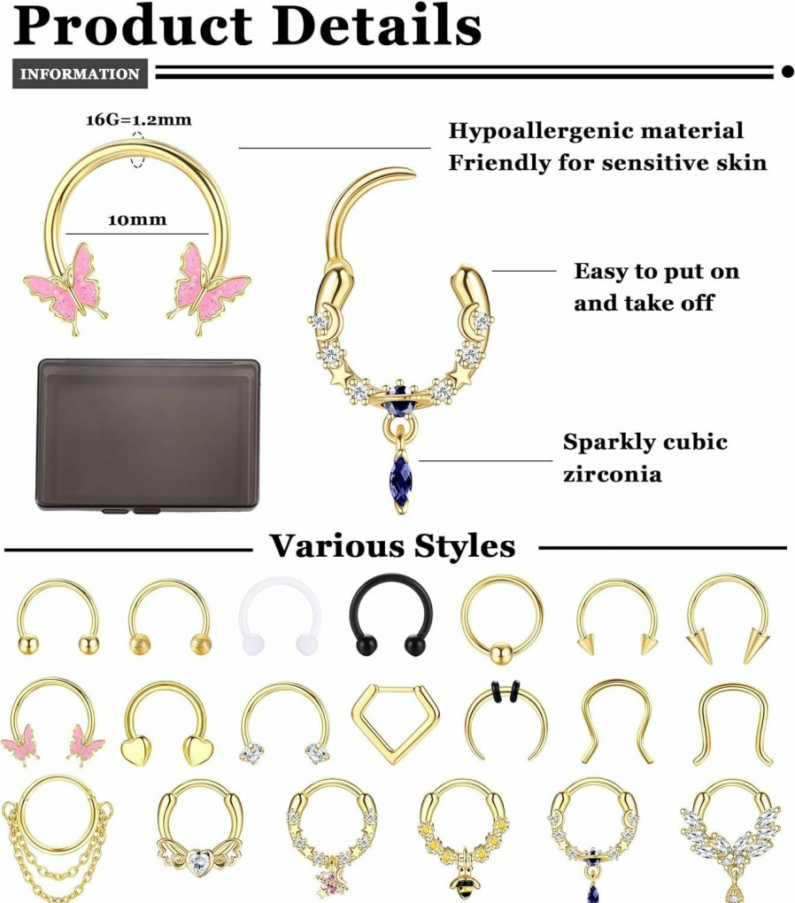 Besteel Besteel 20Pcs Gold Septum Rings 16G Small Septum Jewelry Surgical Steel Septum Clicker Dangle Nose Rings Hoops For Women Men Cute Star Bee Cz Heart Butterfly Chain Septum Rings Horseshoe Septum Piercing Jewelry 10Mm | Body Piercing Rings