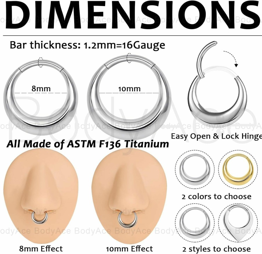 BodyAce Bodyace Astm F136 Titanium Septum Rings Hoop, 16G Gold Moon Segment Nose Rings Clicker Hoop, 8/10Mm Hinged Cartilage Earrings For Daith, Rook, Tragus | Body Piercing Rings