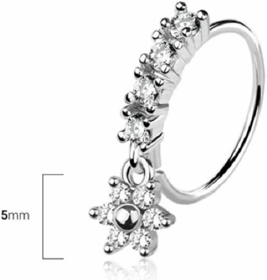 Pierced Owl Pierced Owl 20Ga 316L Stainless Steel Cz Crystal Lined Hoop With Dangling Flower Bendable Nose Ring | Body Piercing Rings