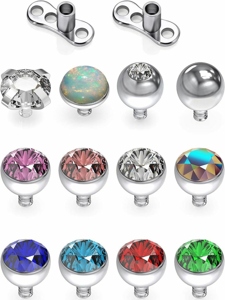 SCERRING Scerring 14G Dermal Piercing Jewelry Anchor Tops And Base Titanium Microdermals Piercing For Women Men Opal Cz Ball 2Mm 3Mm 4Mm 14Pcs | Body Piercing Rings