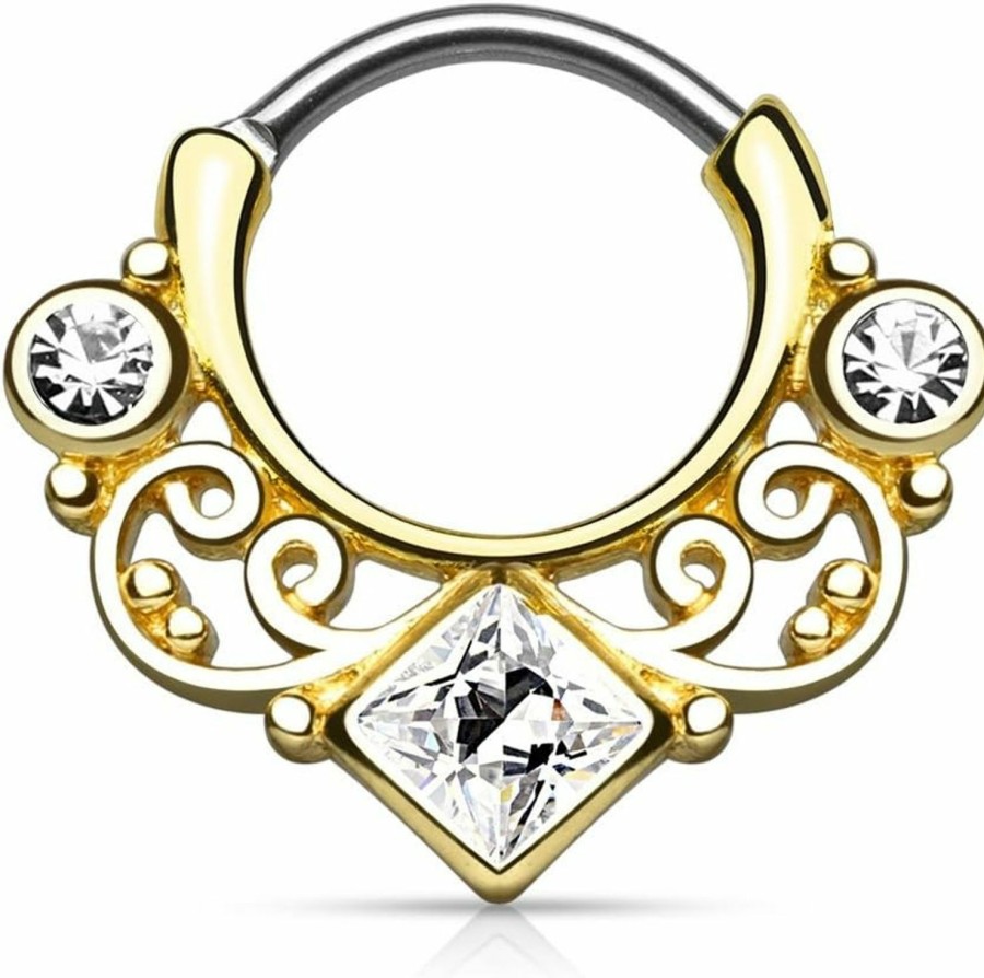 Pierced Republic Pierced Republic 16G Septum Clicker - Lace Swirls W/Cz Gems - Hinged Nose Ring Hoop | Body Piercing Rings