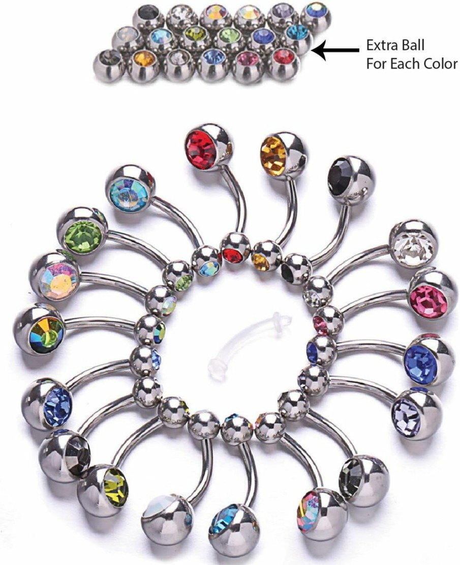 BodyJ4You Bodyj4You 18Pc Belly Button Rings Set - 14G Multicolor Surgical Stainless Steel - Shiny Cz Crystals Clear Pink Aqua Black - Replacement Extra Pack - Women Girls Body Piercing Jewelry | Body Piercing Rings