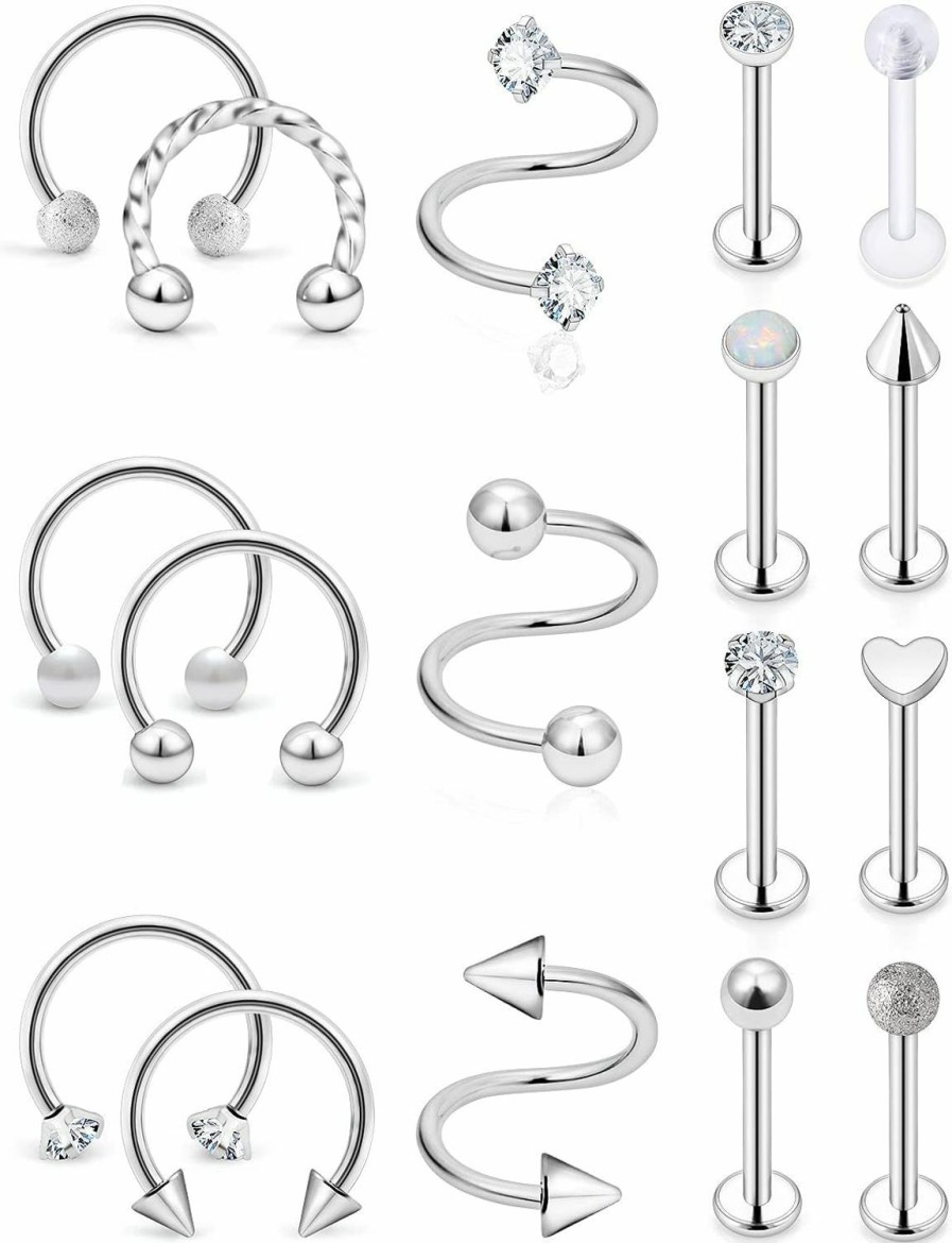 Xnsjeyy Xnsjeyy 16G Lip Rings For Women Stainless Steel Horseshoe Rings Lip Studs Medusa Labret Monroe Lip Rings Piercing Jewelry Tragus Helix Cartilage Forward Earrings Piercing Jewelry Retainer 17Pcs | Body Piercing Rings