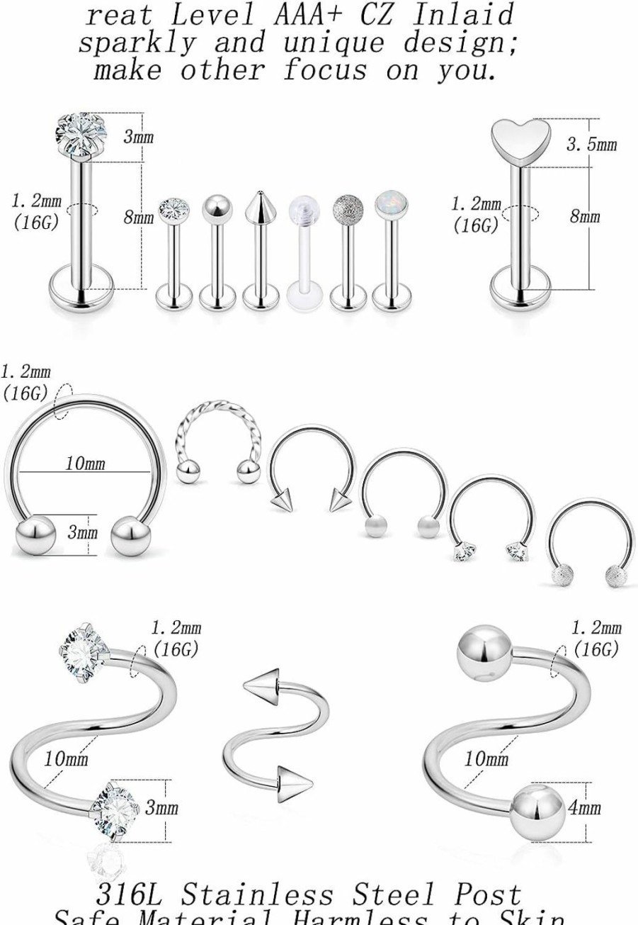 Xnsjeyy Xnsjeyy 16G Lip Rings For Women Stainless Steel Horseshoe Rings Lip Studs Medusa Labret Monroe Lip Rings Piercing Jewelry Tragus Helix Cartilage Forward Earrings Piercing Jewelry Retainer 17Pcs | Body Piercing Rings