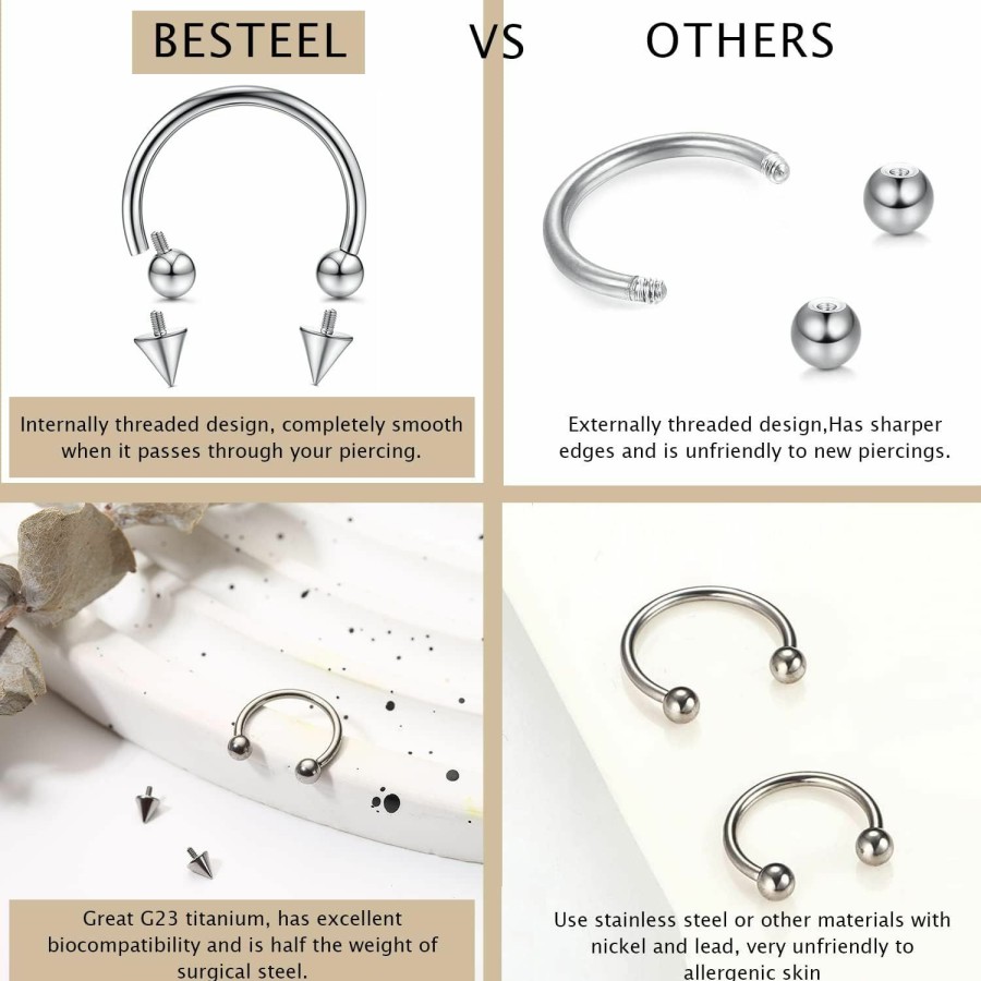 Besteel Besteel Titanium Septum Ring Horseshoe 16G Internally Threaded, Hypoallergenic Septum Ring 16G Surgical Steel, Small Spike Silver Horseshoe Ring 16G External Thread For Women Men, Black Lip Rings Hoop For Helix Daith Cartilage Tragus Septum Piercing 8Mm 10Mm 12Mm | Body Piercing Rings