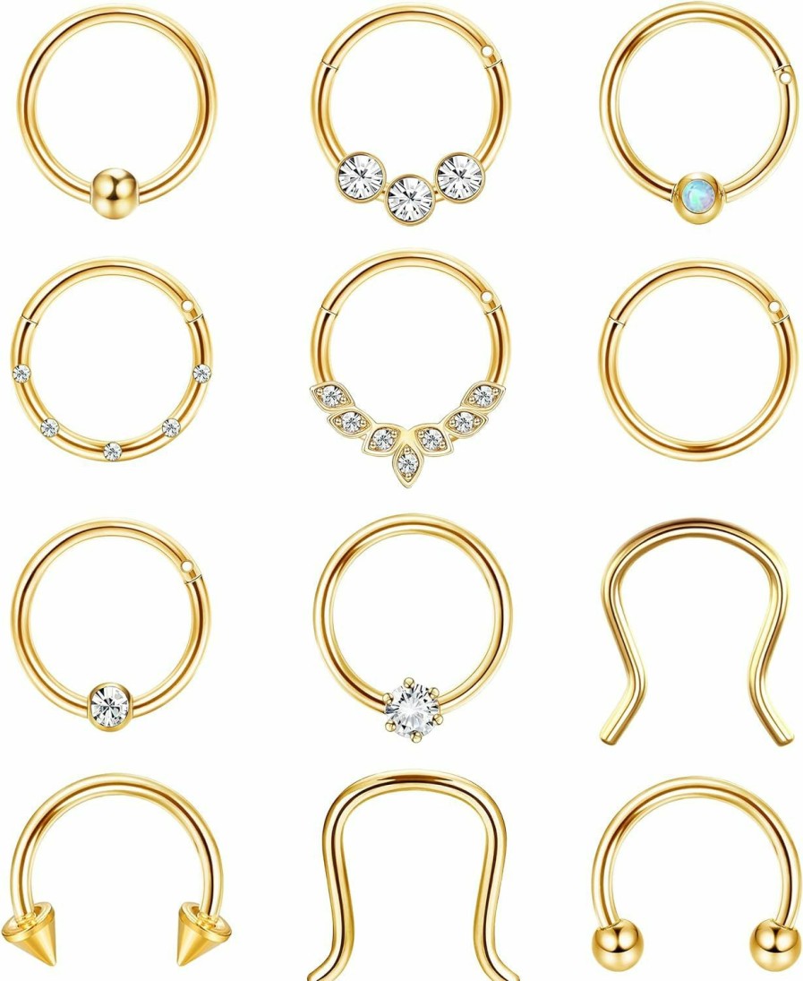 YADOCA Yadoca 12Pcs 16G Septum Rings Surgical Steel Septum Nose Piercing Jewelry Septum Clicker Nose Rings Hoops For Women Men Horseshoe Daith Helix Tragus Lip Cartilage Earrings Silver Gold 8Mm 10Mm | Body Piercing Rings