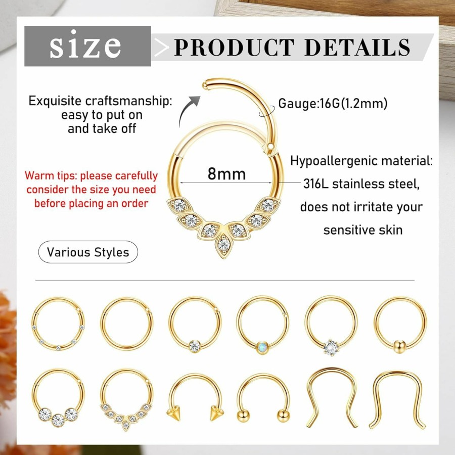 YADOCA Yadoca 12Pcs 16G Septum Rings Surgical Steel Septum Nose Piercing Jewelry Septum Clicker Nose Rings Hoops For Women Men Horseshoe Daith Helix Tragus Lip Cartilage Earrings Silver Gold 8Mm 10Mm | Body Piercing Rings