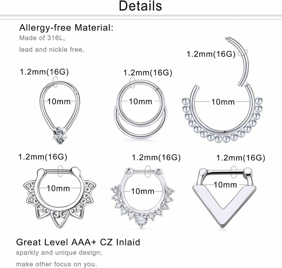 Dyknasz Dyknasz Septum Jewelry 16G Surgical Steel Nose Rings Hoop Septum Clicker Ring With Clear Diamond Cz Cartilage Helix Daith Earring Piercing Jewelry For Women Men 10Mm (3/8\") | Body Piercing Rings