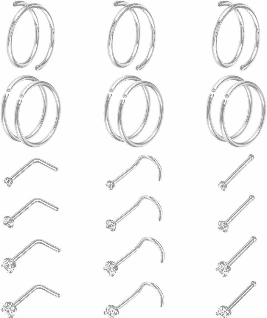 Telooco Telooco 21 Pcs 20G Nose Rings Hoops Set Stainless Surgical Steel Nose Rings Stud L-Shaped Nose Pin Piercing Jewelry For Women Men | Body Piercing Rings