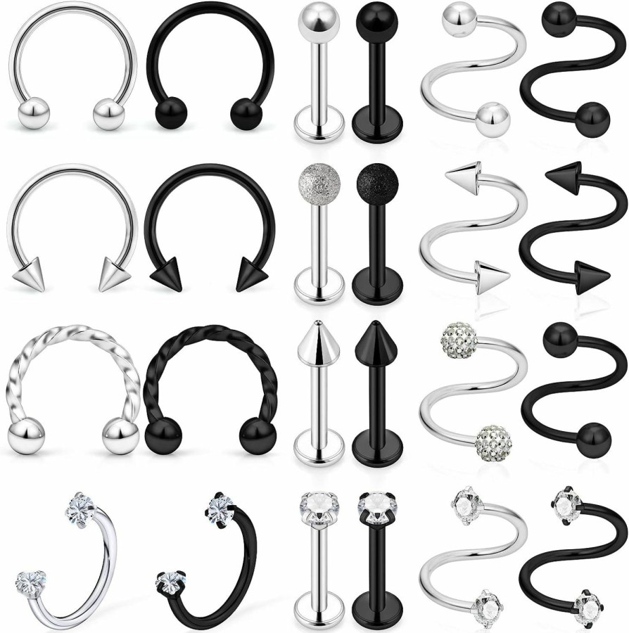 Ovxznts Ovxznts 24Pcs Assorted Design 16G Lip Rings Studs Medusa Piercing Jewelry Surgical Steel Monroe Labret Tragus Earrings Hoop Horseshoe Septum Ring Twist Helix Cartilage Piercings For Women Men | Body Piercing Rings