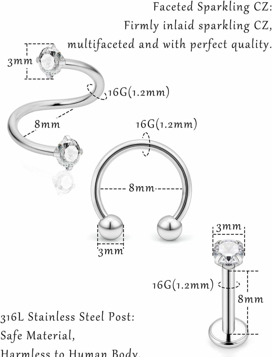 Ovxznts Ovxznts 24Pcs Assorted Design 16G Lip Rings Studs Medusa Piercing Jewelry Surgical Steel Monroe Labret Tragus Earrings Hoop Horseshoe Septum Ring Twist Helix Cartilage Piercings For Women Men | Body Piercing Rings