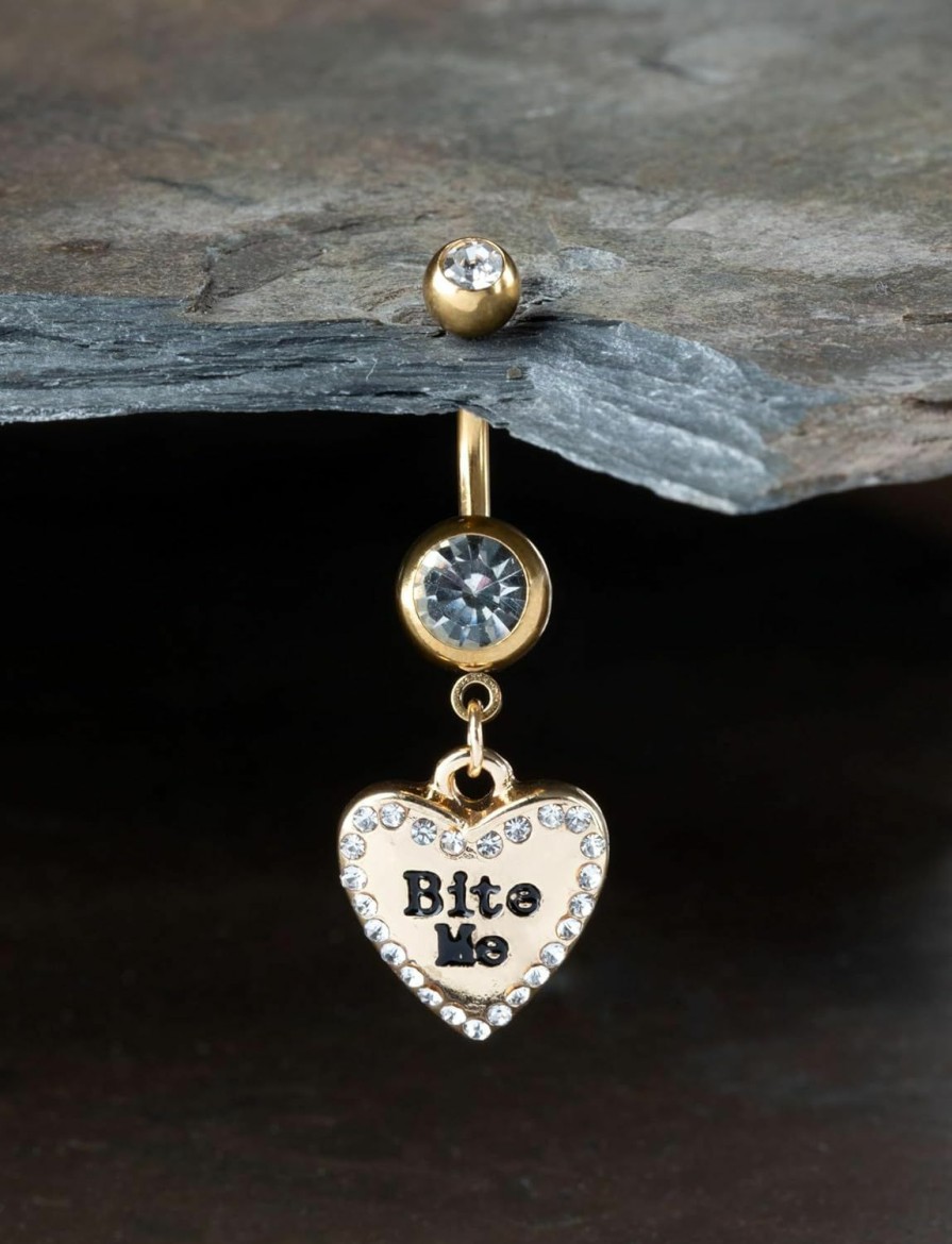 Pierced Owl Pierced Owl 14Ga Gold Plated Heart Shaped Naughty Message Dangling Belly Button Ring | Body Piercing Rings