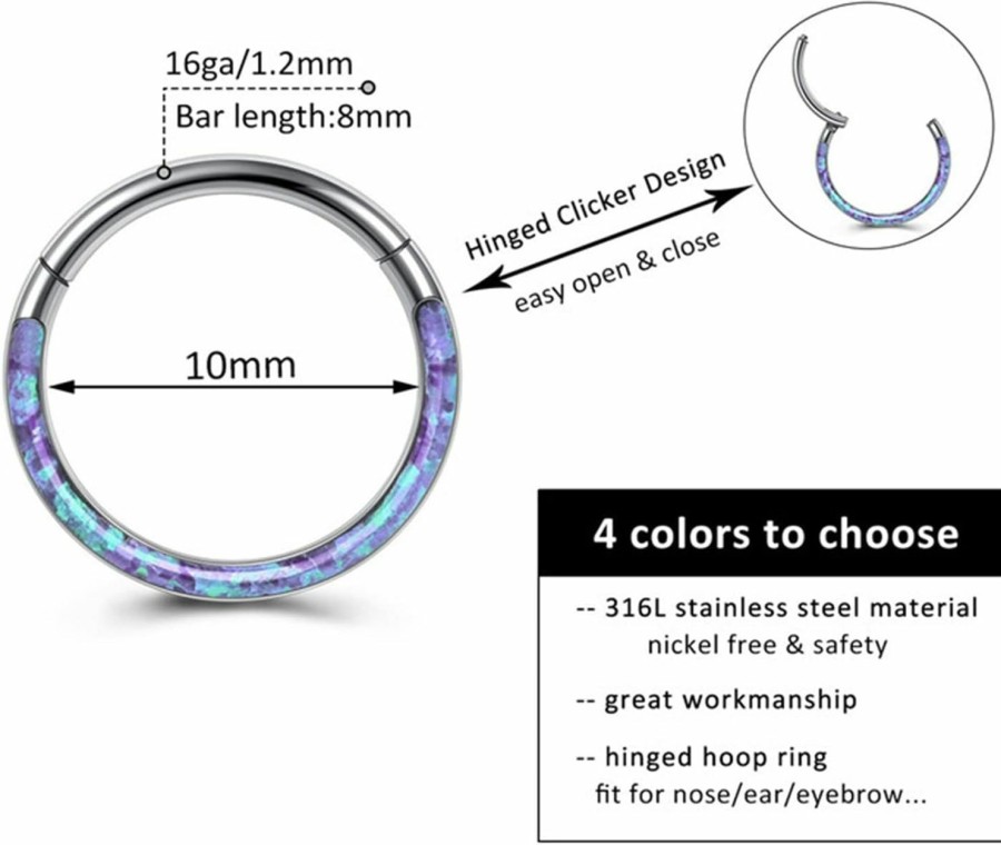 Uzgtvy Uzgtvy 16G Opal Septum Rings Hoop Nose Ring Lip Rings Stainless Steel Hinged Segment Ring Seamless Clicker Ring Cartilage Earrings Hoop Helix Tragus Septum Piercing Jewerly | Body Piercing Rings