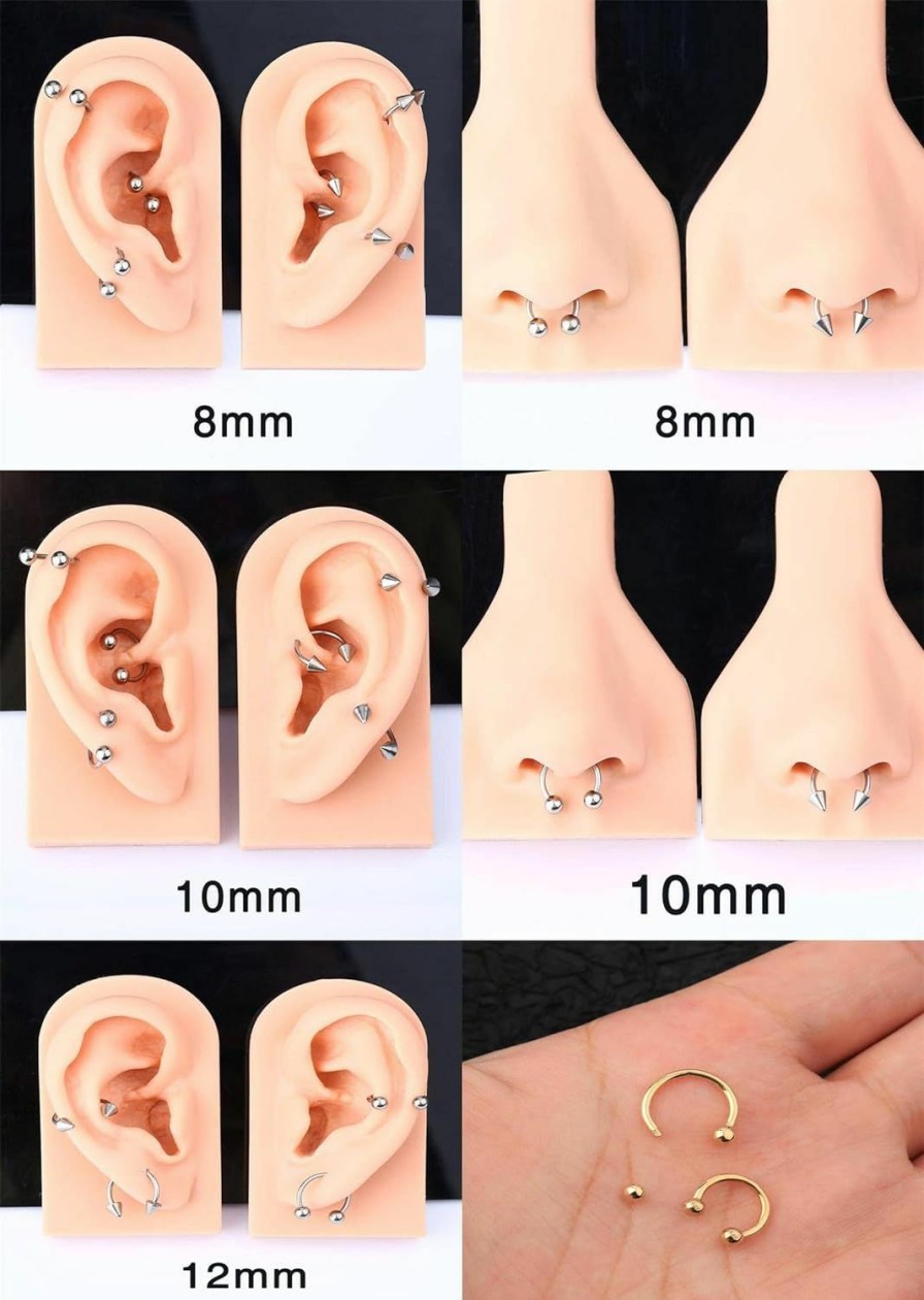 Earmark 14Pcs 14/16/18/20Gauge 6/7/8/9/10/12/14Mm Surgical Steel Horseshoe Septum Nose Ring Hoop Set, Externally Threaded Circular Curved Barbell Body Piercing Jewelry For Lip Eyebrow Nipple Daith Tragus Helix Cartilage Rook Multiple Piercing ( Ball + Spike Cone) | Body Piercing Rings