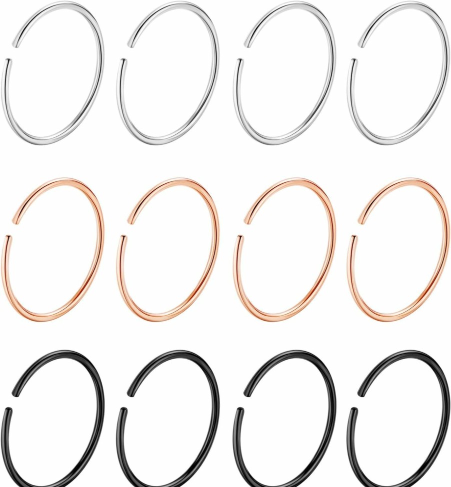 Vegolita 12Pcs 316L Surgical Steel Nose Rings Hoop Hypoallergenic Helix Cartilage Earring Lip Ring Body Piercing Jewelry 18G 20G 22G 7Mm To 12Mm Diameter | Body Piercing Rings