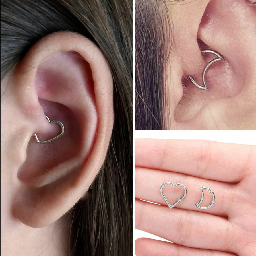 ENVYOU Envyou 2 Pcs Heart Daith Piercing Jewelry, Hypoallergenic Clicker Hoop, 16G Rook Cartilage Helix Earrings | Body Piercing Rings