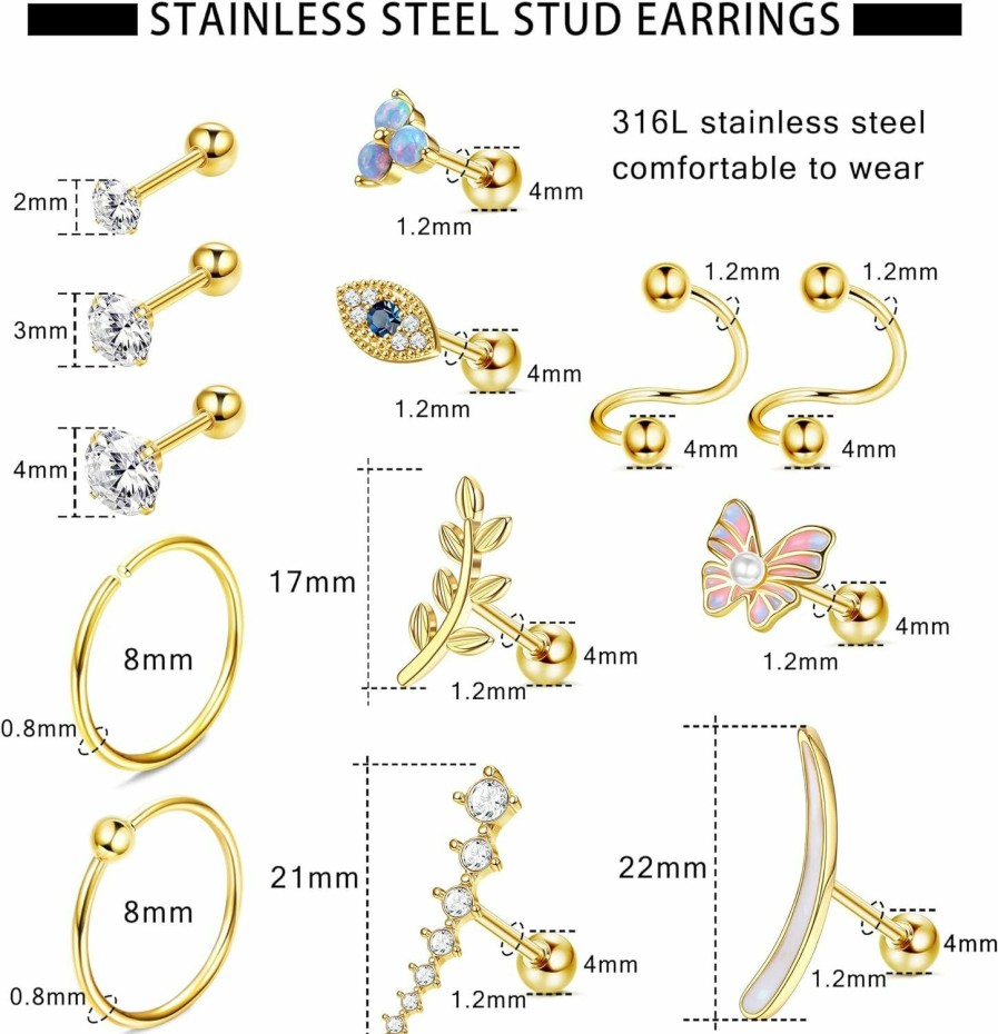 FIBO STEEL Fibo Steel 17 Pcs Cartilage Earring Tragus Piercing Jewelry Cartilage Hoop Earring For Women 316L Stainless Steel Cz Helix Piercing Jewelry Conch Piercing Jewelry Leaf Flower Butterfly | Body Piercing Rings