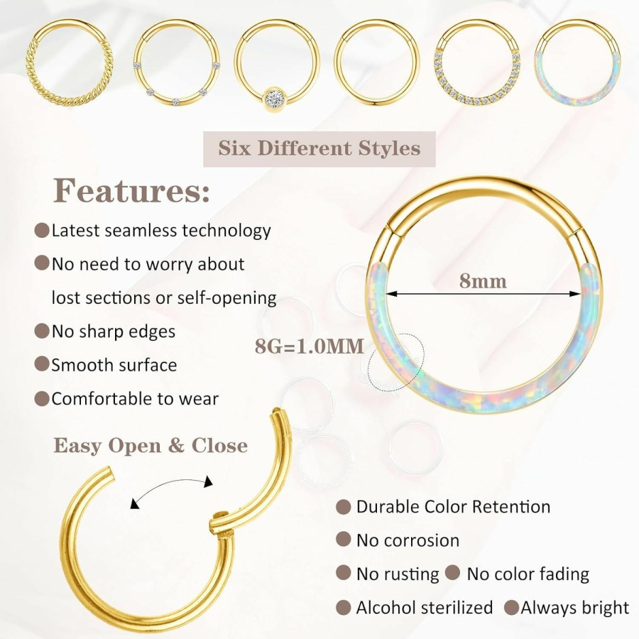 Yolev 6 Pieces Surgical Steel Septum Ring Nose Rings Hoop For Women Stainless Steel Nose Ring Earrings Gold Tragus Nose Rings Piercing 1.0 8Mm Conch Piercing Jeweller Cartilage Helix | Body Piercing Rings