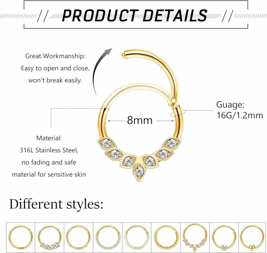 YADOCA Yadoca 9Pcs 16G Septum Rings Surgical Steel Hinged Hoop Nose Rings For Women Men Cz Opal Clicker Cartilage Earrings Helix Lip Tragus Rook Conch Daith Piercing Septum Jewelry Gold Silver Tone 8Mm 10Mm | Body Piercing Rings