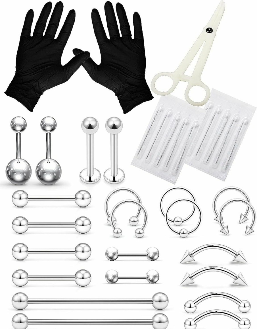 Heienngy Heienngy Piercing Kit Stainless Steel Eyebrow Rings,Horseshoe Ring,Industrial Piercing Jewelry,Belly Button Ring,Lip Rings,Earrings,Nipple Rings,Tongue Rings For Women Men 14G 16G Piercing Needles | Body Piercing Rings