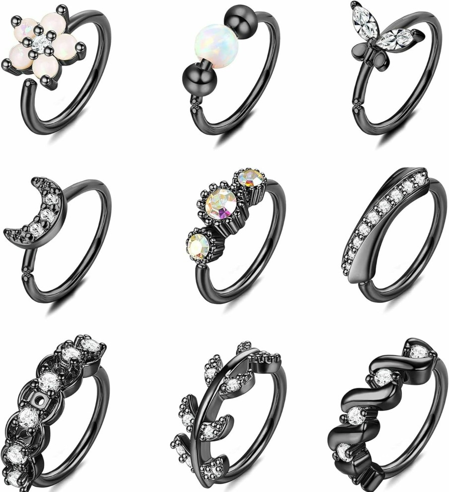 ZZHDCC Zzhdcc Black Nose Ring 20G 8Mm Nose Rings Hoops For Women Men 9Pcs Opal Cz Heart Hoop Nose Ring Lip Septum Cartilage Hoop Star Moon Butterfly Nose Piercing Jewelry | Body Piercing Rings