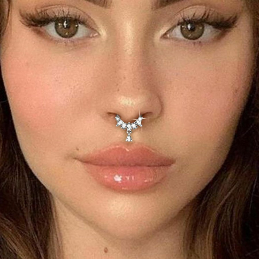 Mooncrush Jewelry Mooncrush Jewelry Dangle Septum Rings 16G Silver Septum Jewelry Sparkly Helix Daith Earrings For Women Clear Cz Daith Piercing Jewelry Stainless Steel Hypoallergenic | Body Piercing Rings