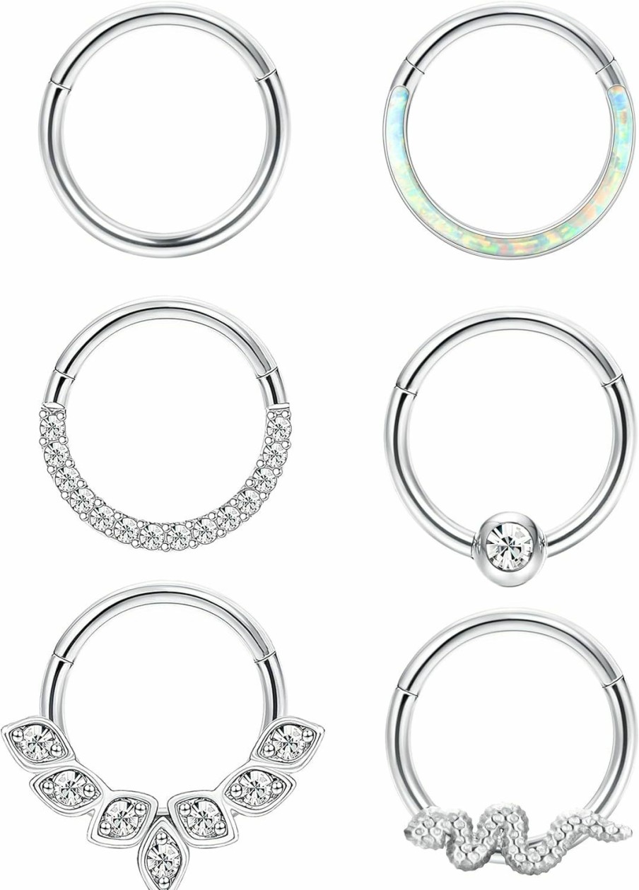 FIASASO Fiasaso 6Pcs Septum Rings Nose Rings Hoop For Women Surgical Steel Opal Flower Snake Cz Seamless Clicker Septum Jewelry Cartilage Earrings Daith Helix Hoop Tragus Conch Piercing Jewelry | Body Piercing Rings