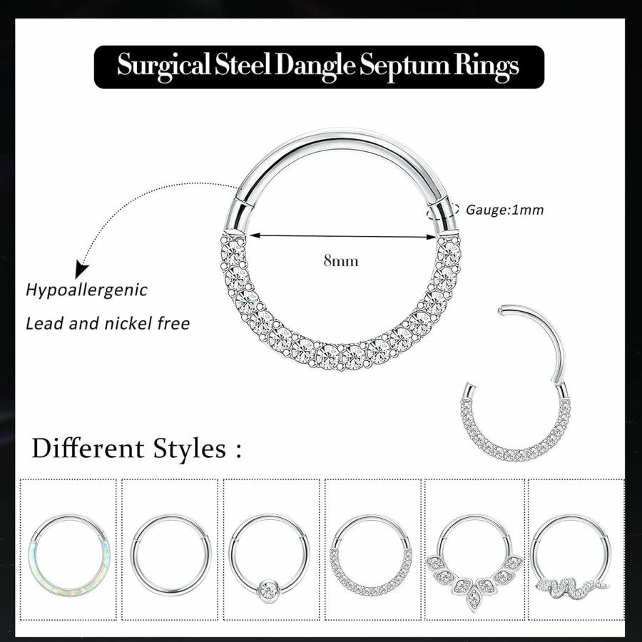 FIASASO Fiasaso 6Pcs Septum Rings Nose Rings Hoop For Women Surgical Steel Opal Flower Snake Cz Seamless Clicker Septum Jewelry Cartilage Earrings Daith Helix Hoop Tragus Conch Piercing Jewelry | Body Piercing Rings