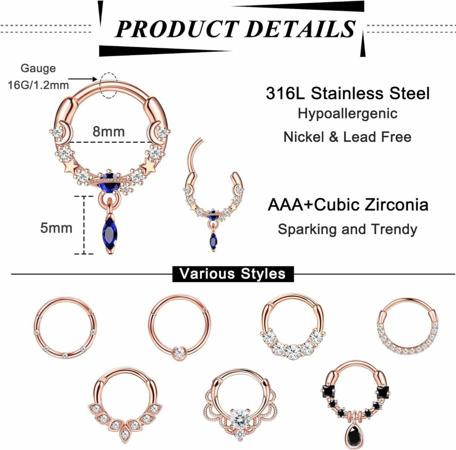 YADOCA Yadoca 8Pcs 16G Septum Rings Septum Jewelry Blue Planet Cz Dangle Septum Ring For Women Men Septum Clicker Surgical Steel Cartilage Helix Daith Earrings Nose Rings Hoops Hinged Septum Piercing Jewelry | Body Piercing Rings