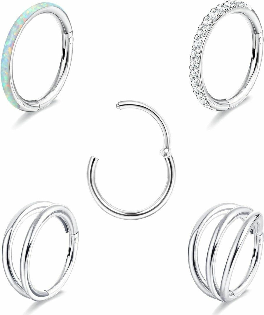 THUNARAZ Thunaraz 18G 16G Nose Rings Hoop For Women Men 5Pcs Surgical Steel Cz Opal Hinged Lip Nose Rings Daith Helix Cartilage Hoop Conch Rook Earrings Clicker Septum Body Piercing Jewelry 8Mm 10Mm | Body Piercing Rings