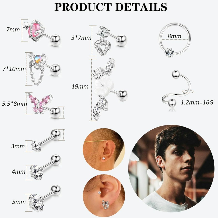 JeryWe Jerywe 24Pcs 16G Cartilage Earrings For Women Men Surgical Steel Tragus Piercing Jewelry Cartilage Earrings Hoop Helix Daith Conch Earrings Piercing Jewelry | Body Piercing Rings