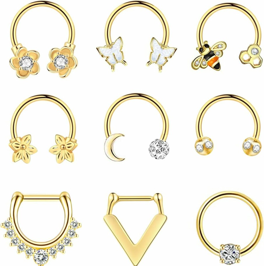 NICEIGHT Niceight 9Pcs 16G Sugical Steel Horseshoe Septum Rings For Women Cartilage Hoop Helix Tragus Daith Piercing Bee Sunflower Body Jewelry | Body Piercing Rings