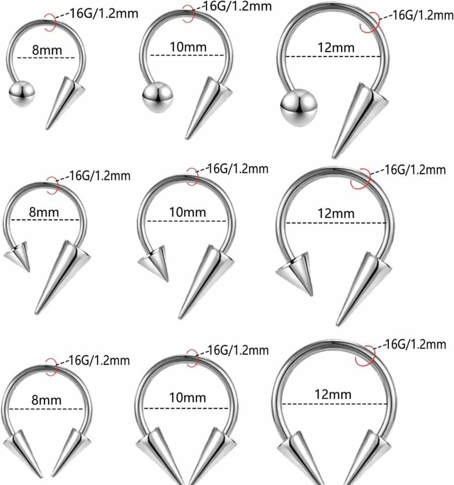 FLOGWE Flogwe 16G 316L Spike Septum Rings Lip Rings Horseshoe Nose Rings, Rook Daith Helix Tragus Cartilage Earrings Hoop, Stainless Steel Lobe Lip Piercing For Women Men | Body Piercing Rings