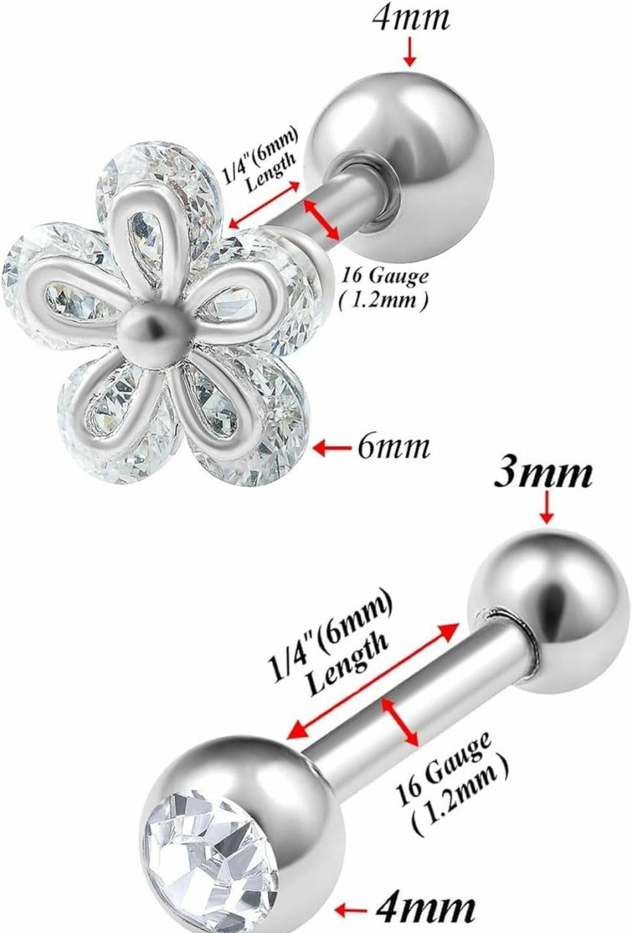 bodyjewellery Bodyjewellery 2Pcs 16G 1/4 Cartilage Earring Stud Flower Barbell Forward Heilix Tragus Lobe Auricle Cartilage Bar Surgical Steel Cz | Body Piercing Rings