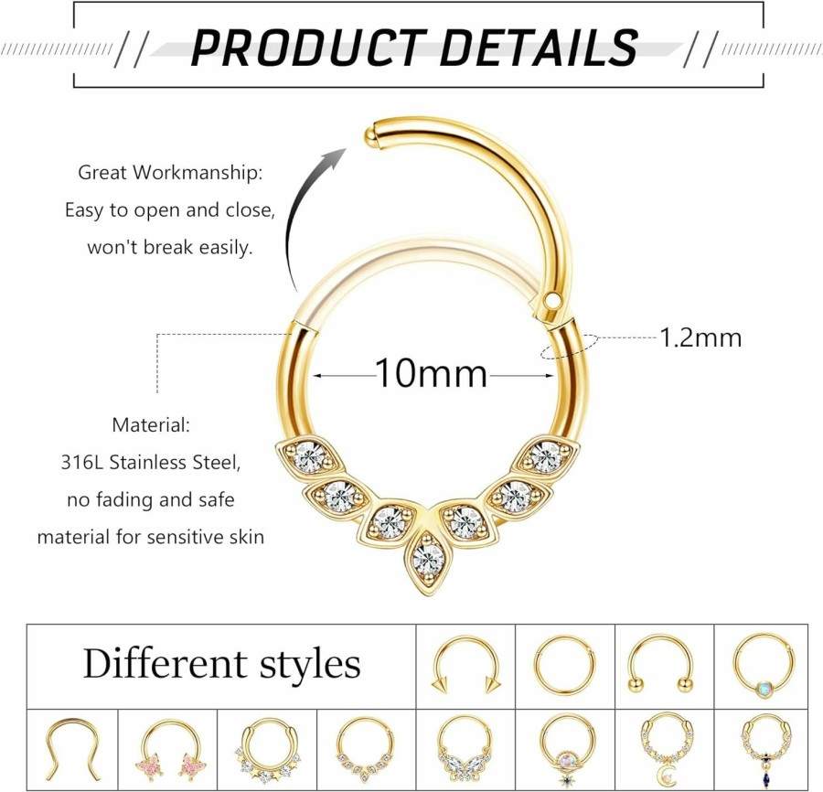 IRONBOX Ironbox 12Pcs 16G Septum Rings For Women Men Surgical Steel Dangle Septum Nose Jewelry Horseshoe Daith Helix Tragus Cartilage Earrings Hoop Nose Septum Piercing Jewelry | Body Piercing Rings