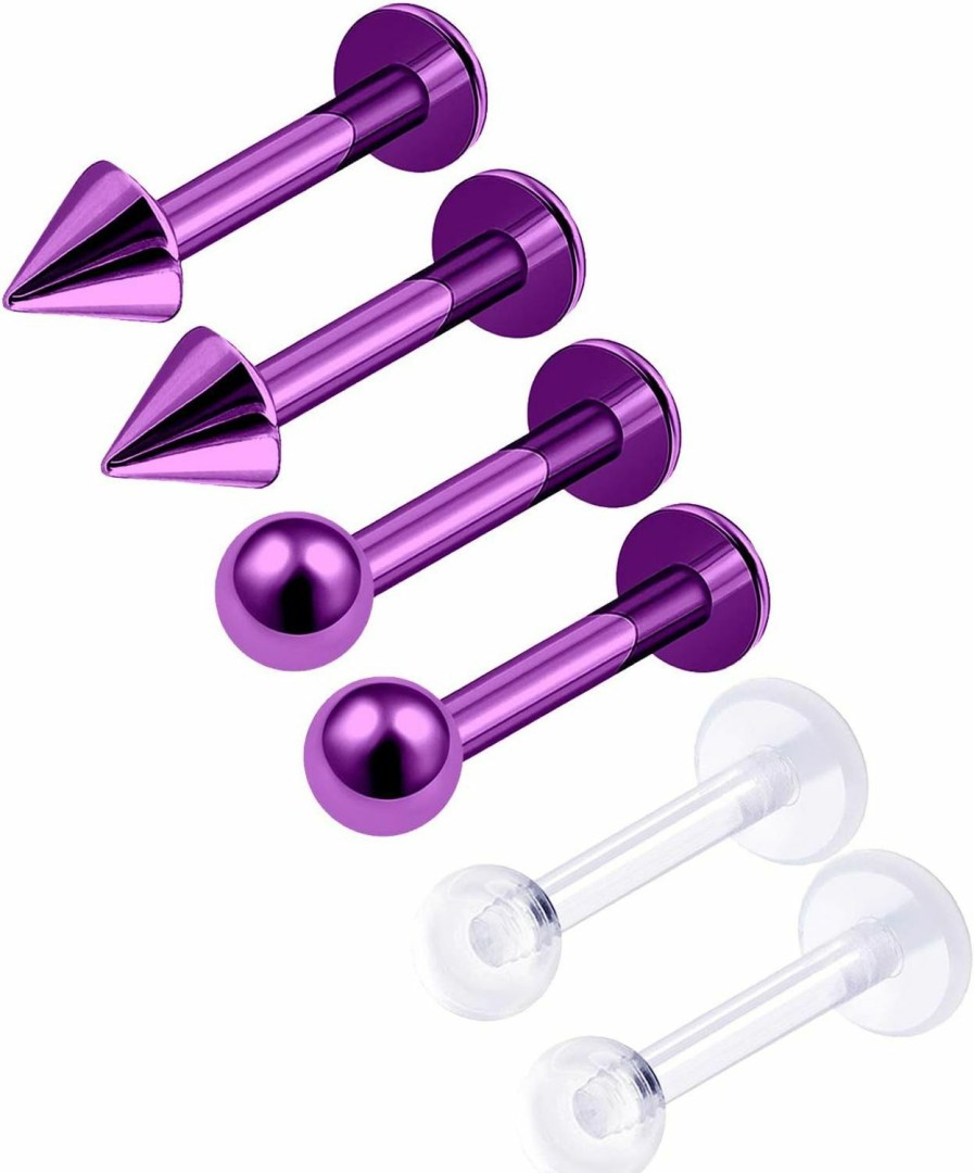 MATIGA 6Pcs Purple Anodized Acrylic Clear 16G 1/4 6Mm Labret Studs Piercing Jewelry Tragus Cartilage Lip Monroe 3Mm Ball Cone M7915 | Body Piercing Rings