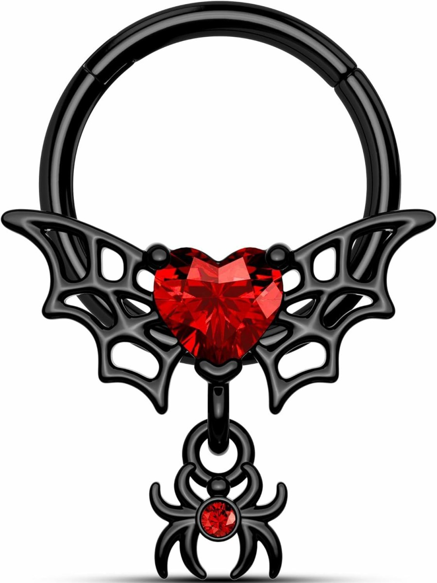 Mooncrush Jewelry Mooncrush Jewelry Gothic Black Septum Rings 16G Spider Dangle Septum Jewelry Red Heart Daith Septum Piercing Jewelry Stainless Steel | Body Piercing Rings