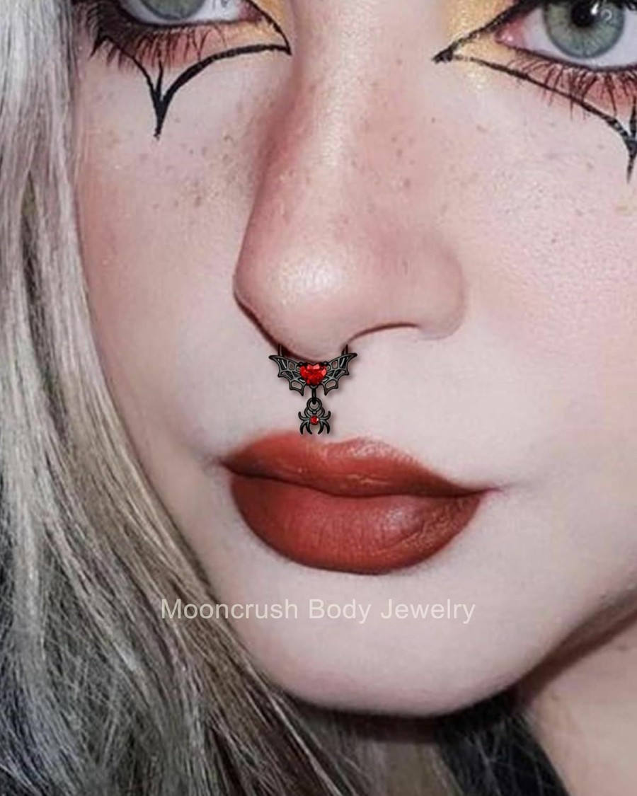 Mooncrush Jewelry Mooncrush Jewelry Gothic Black Septum Rings 16G Spider Dangle Septum Jewelry Red Heart Daith Septum Piercing Jewelry Stainless Steel | Body Piercing Rings