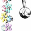 Pierced Owl Pierced Owl - Dangling Flowers With Opalite Crystals Top Down Belly Button Ring In 316L Stainless Steel | Body Piercing Rings