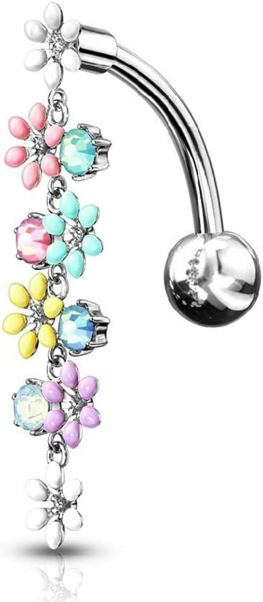 Pierced Owl Pierced Owl - Dangling Flowers With Opalite Crystals Top Down Belly Button Ring In 316L Stainless Steel | Body Piercing Rings