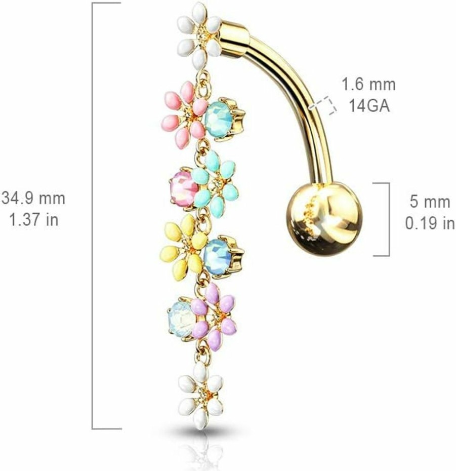 Pierced Owl Pierced Owl - Dangling Flowers With Opalite Crystals Top Down Belly Button Ring In 316L Stainless Steel | Body Piercing Rings